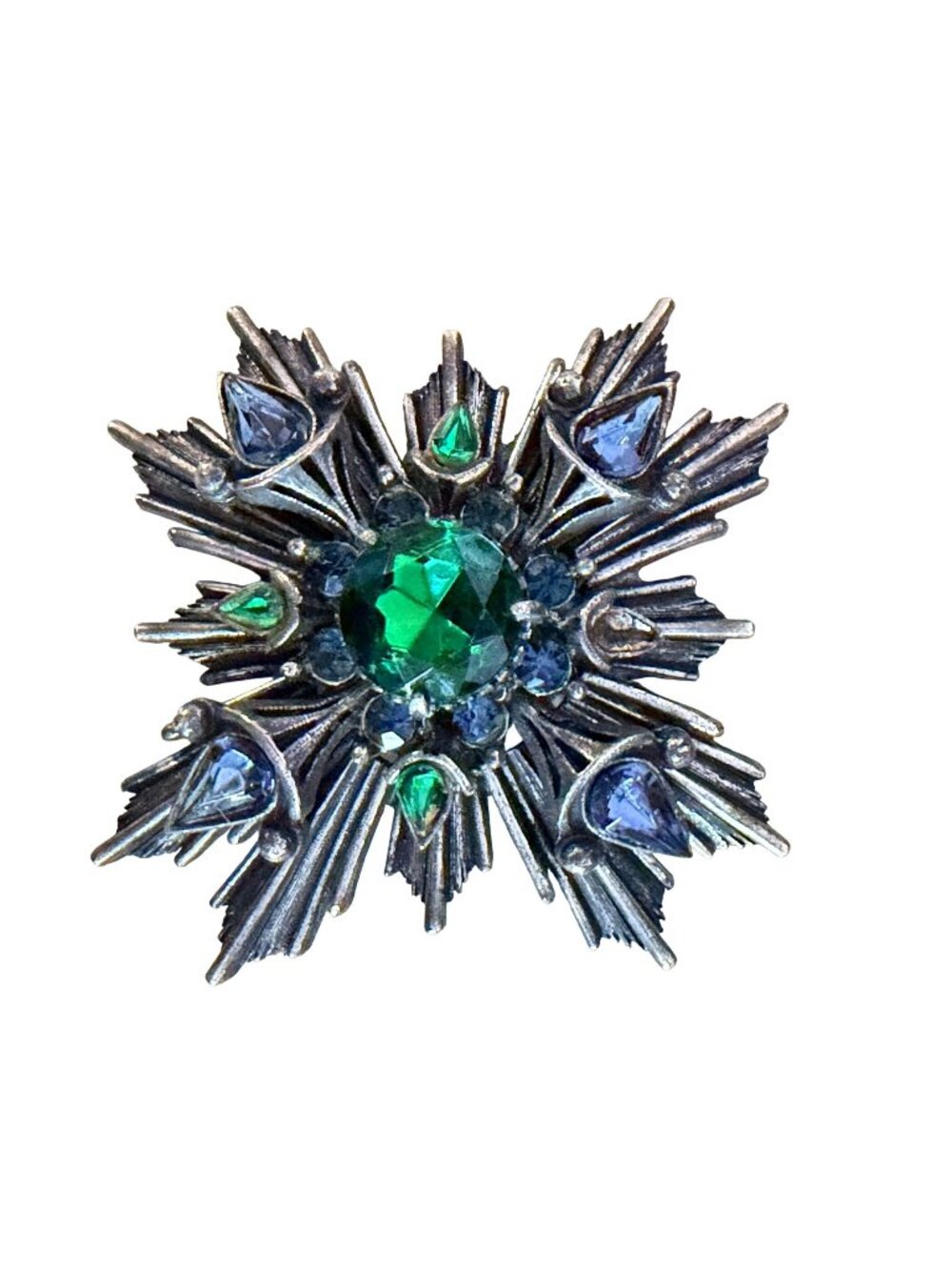 Vintage TORTOLANI Maltese Cross Brooch Brutalist Pewter Green Blue Stones Signed